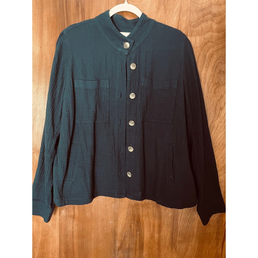 J. Jill Black Double‎ Gauze Jacket Button Front Pockets Petite L Minimalist